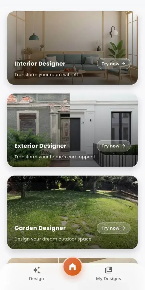 DecorAI AI interior design app preview on iPhone — before and after AI room design