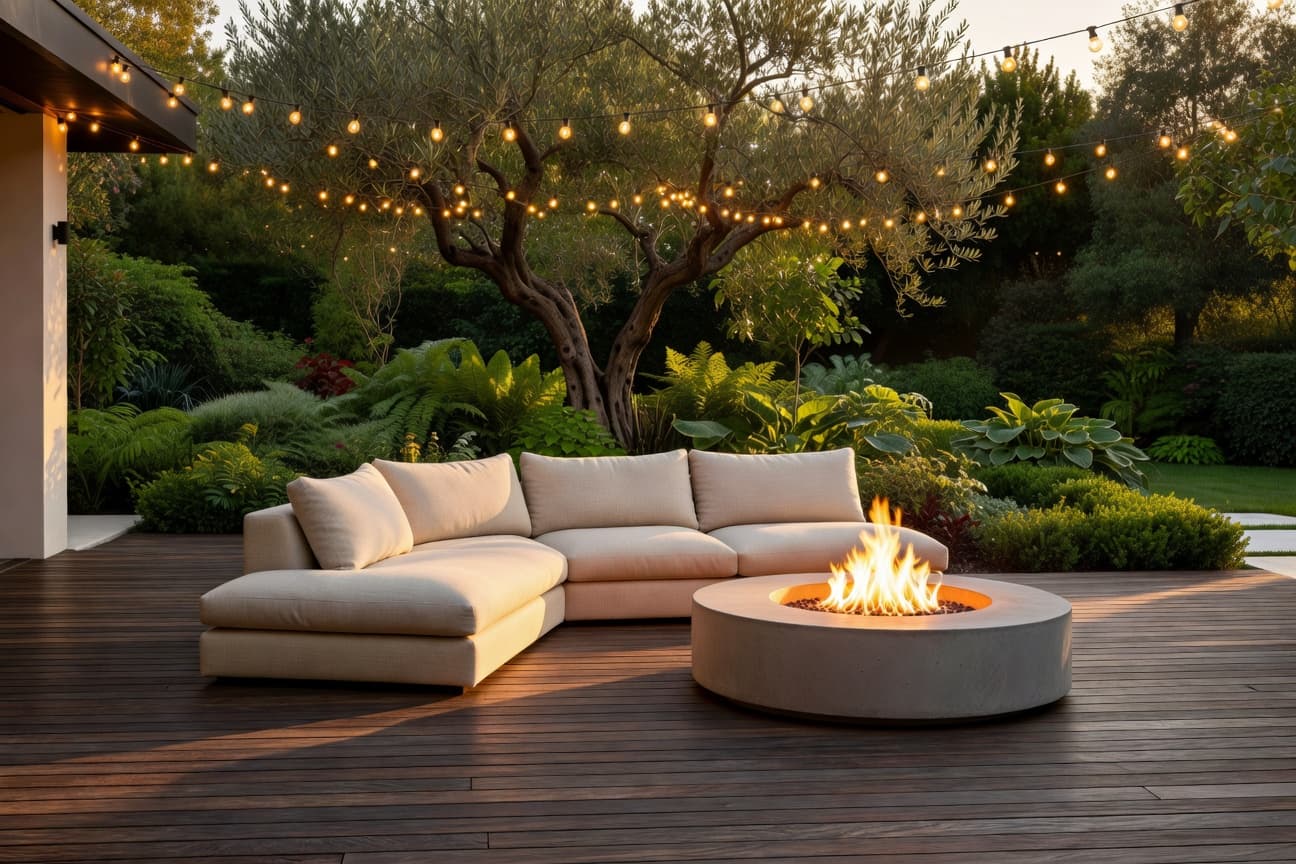 AI-rendered modern backyard with fire pit at golden hour — DecorAI AI design exterior