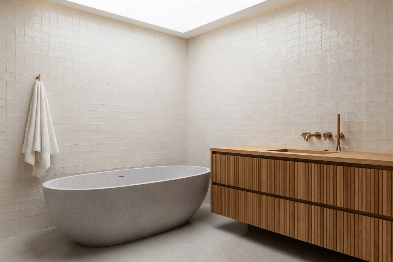 AI-rendered spa bathroom with stone tub — DecorAI AI bathroom remodel