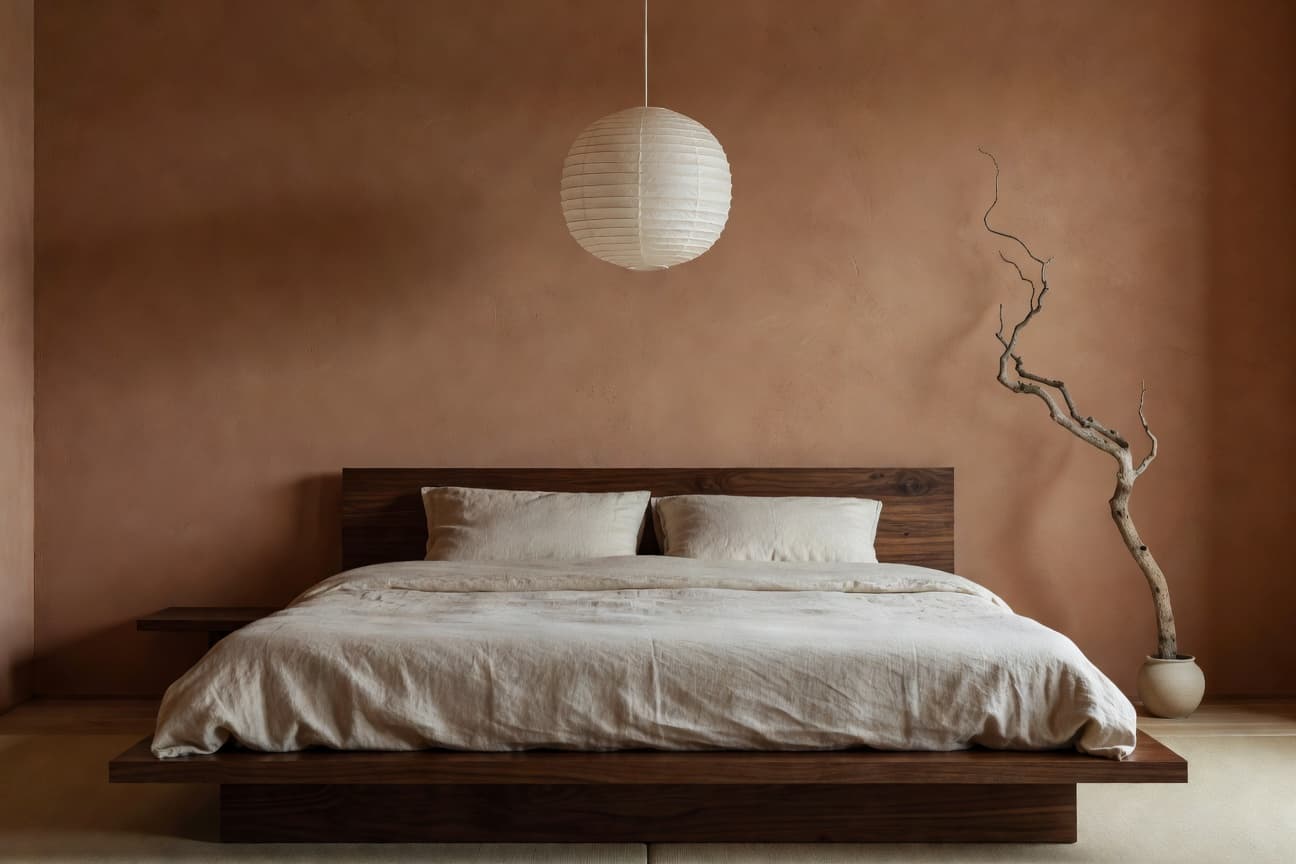 AI-rendered japandi primary bedroom with low platform bed — DecorAI AI room design
