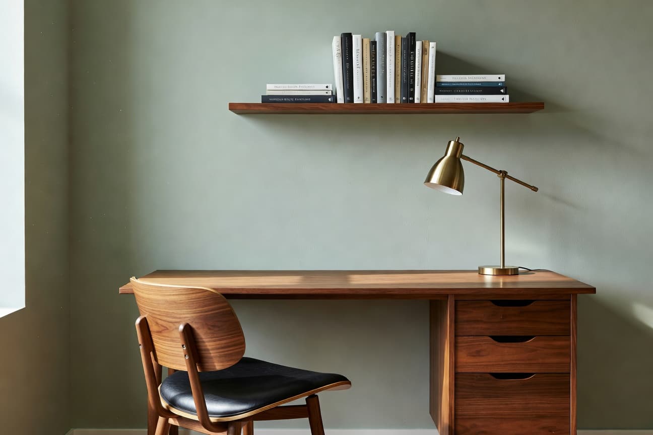 AI-rendered modern home office with walnut desk — DecorAI AI design home