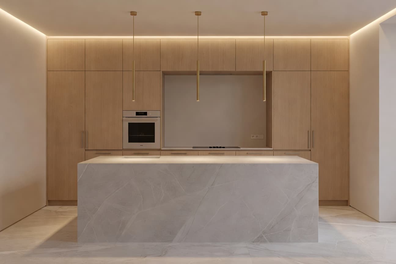 AI-rendered modern kitchen with marble island — DecorAI AI remodel app