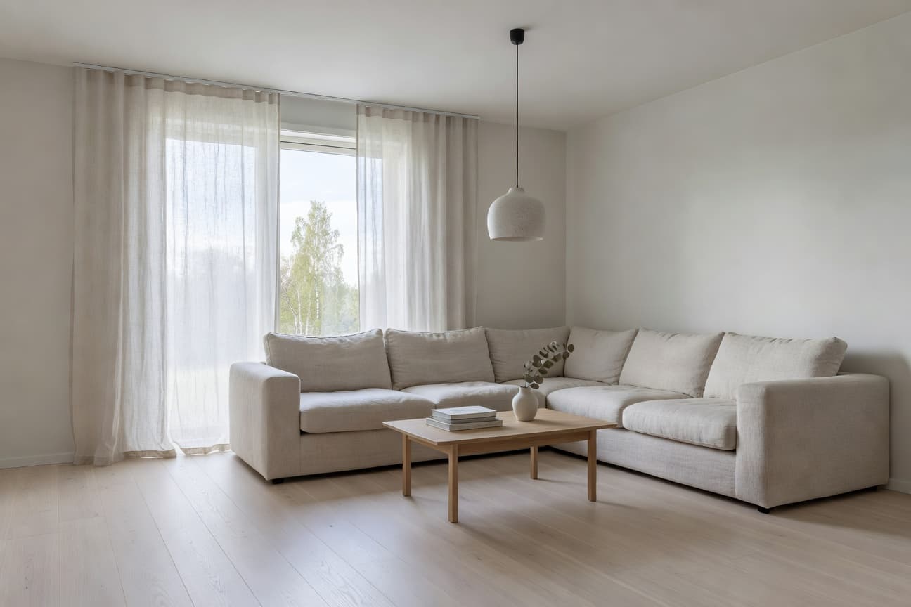 AI-rendered Scandinavian living room with oat linen sectional — DecorAI AI interior design app